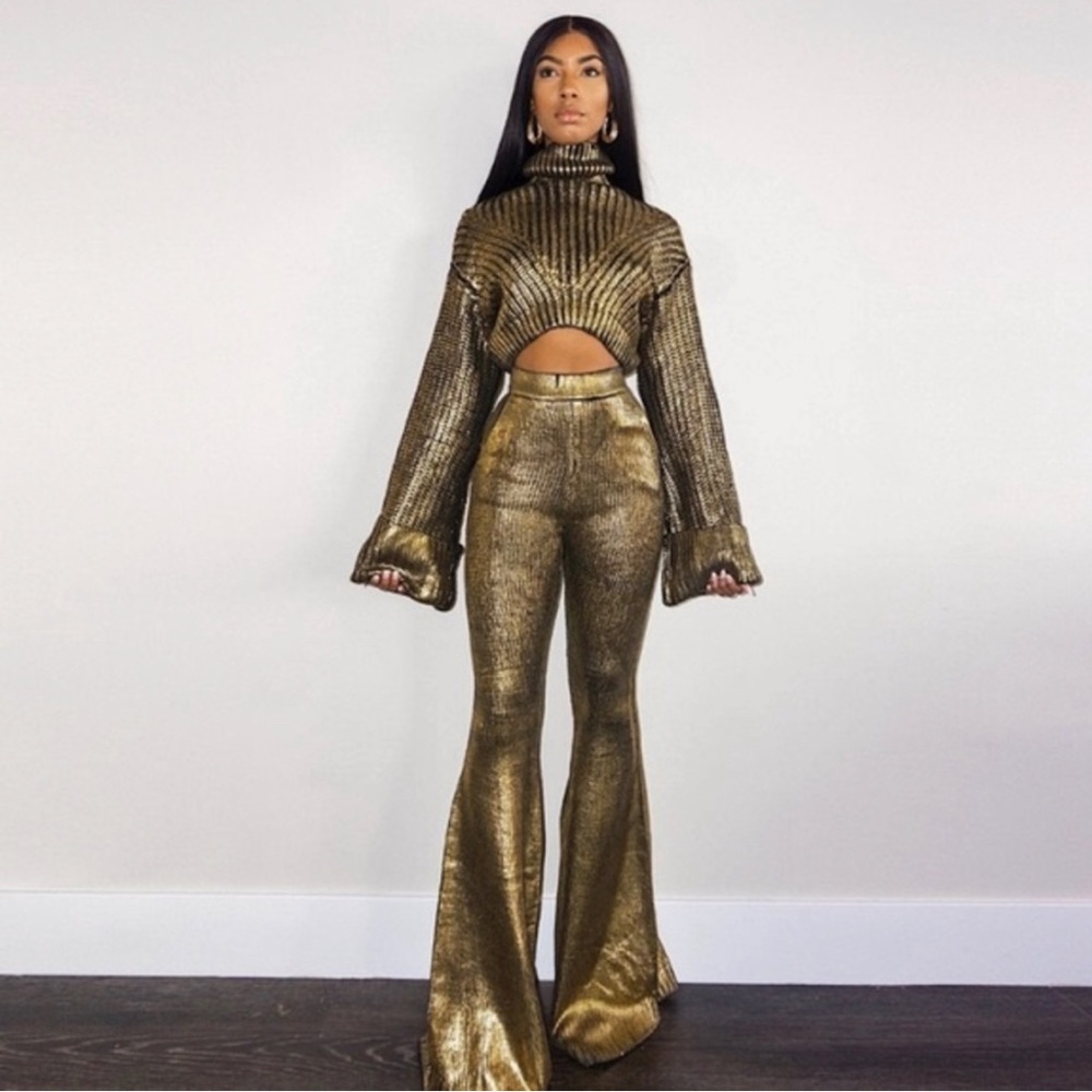 Hanifa gold Rylee set Flared Knit Wide-Leg Brown Gold Pants & chunky turtle neck
